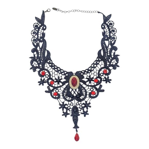 Faux Ruby Decor Statement Choker Elegant Jewelry Lace Jewelry Lace Necklace - Picture 1 of 4